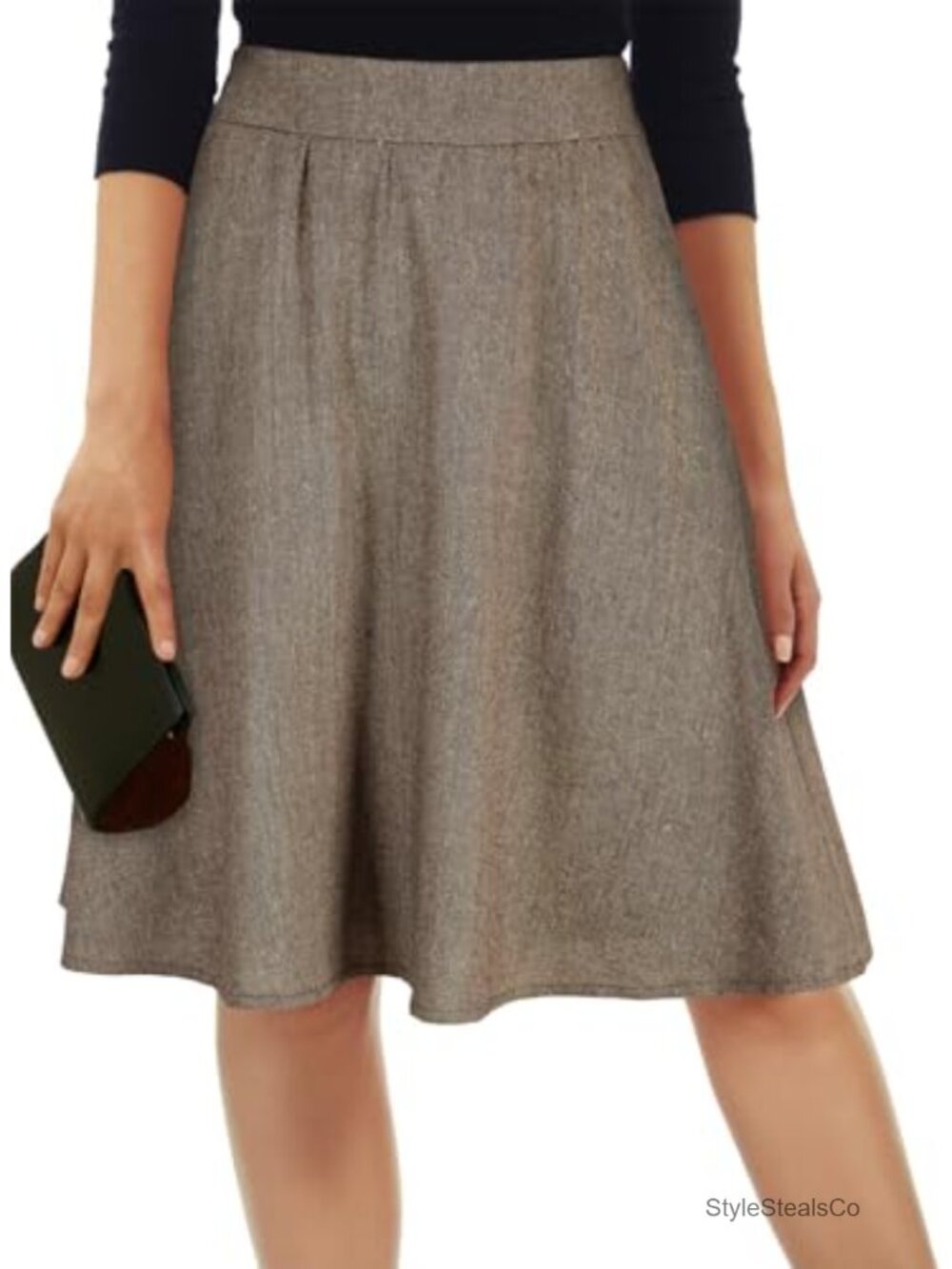 Tweed High Waisted Flared A Line Pleated Midi Skater Skirt with Pockets